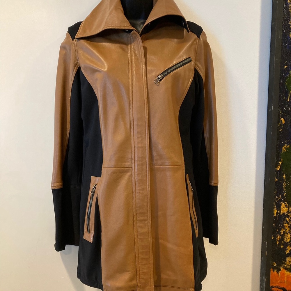 Two-Tone 3/4 Length Leather Coat by Anatomie - Size S